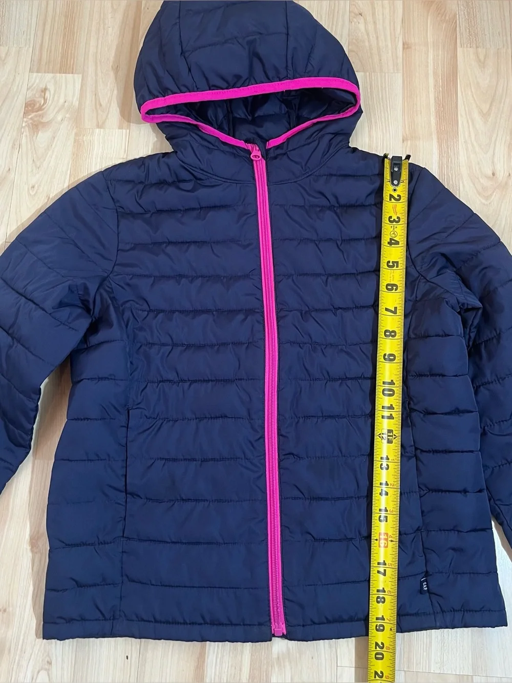 Gap Kids girls navy blue hooded quilted puffer jacket a bright pink zipper large